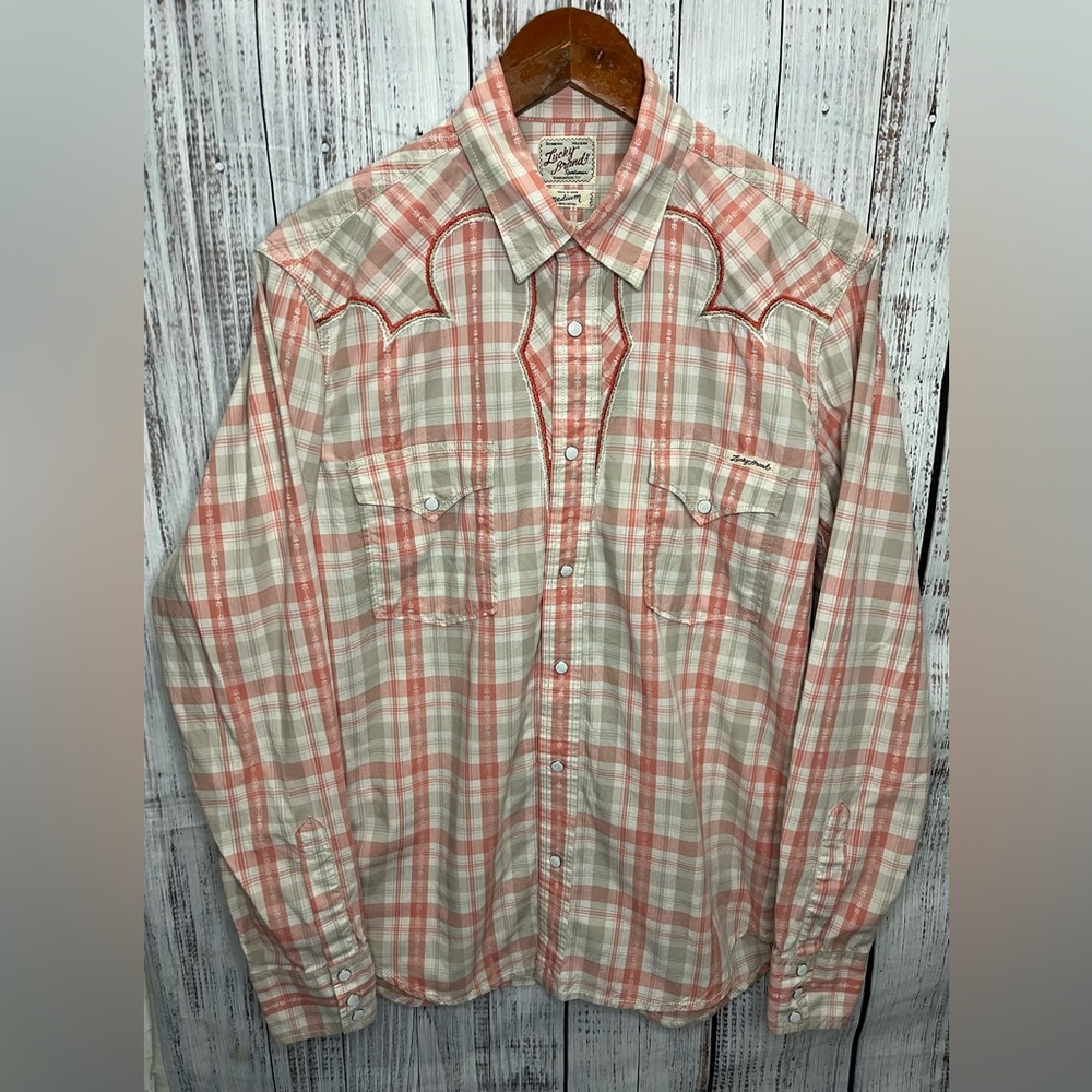 Lucky Brand Pearl Snaps Shirt Women Medium Pink Plaid Pockets Western Rodeo